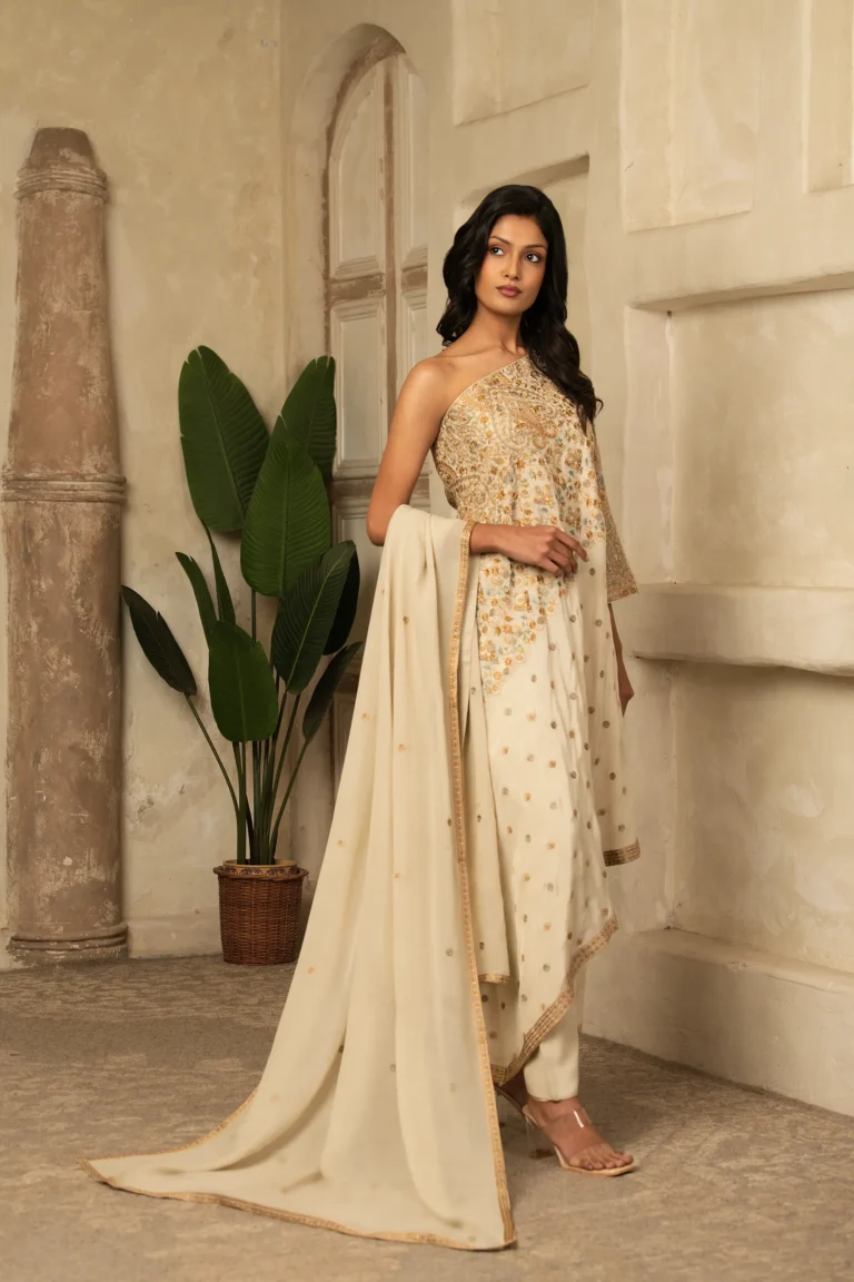 Ivory Off-Shoulder Embroidered Ensemble | Contemporary Grace, Ethnic Soul