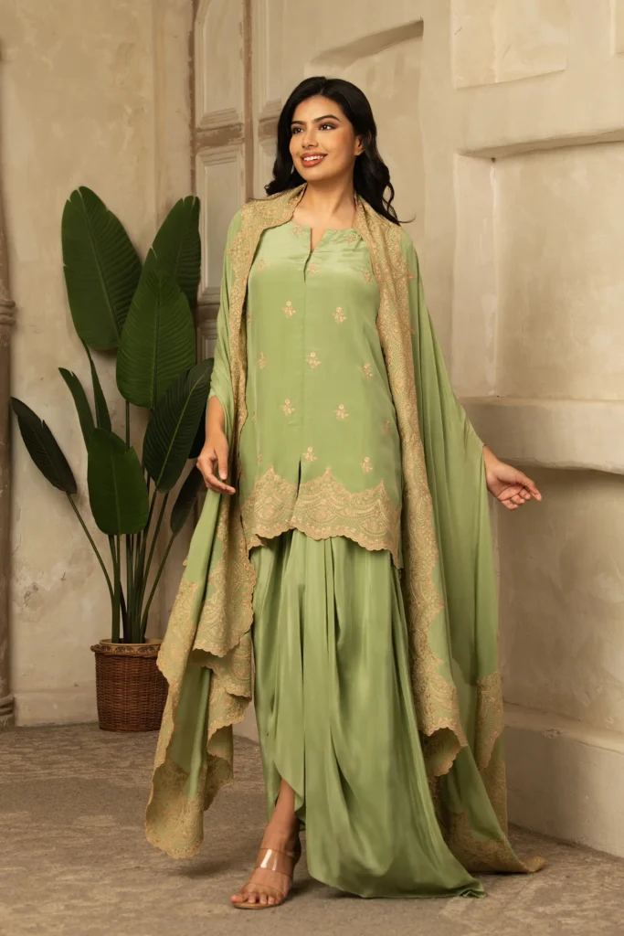 Sage Green Draped Emboridery Ensemble