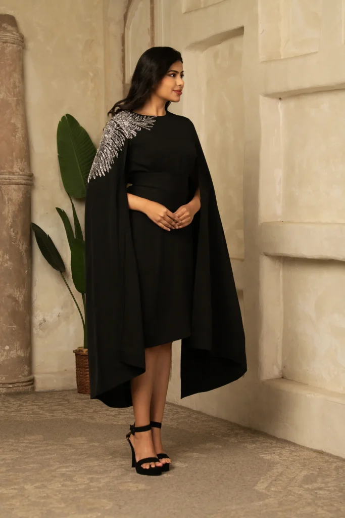 Noir Embroidered statement Cape Dress | Effortless Glamour