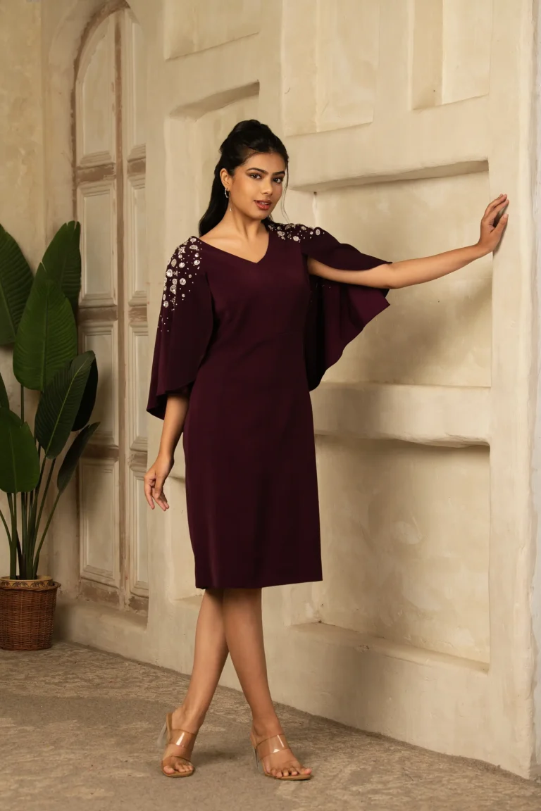Burgundy Embroidery Cape Dress | Refined Radiance
