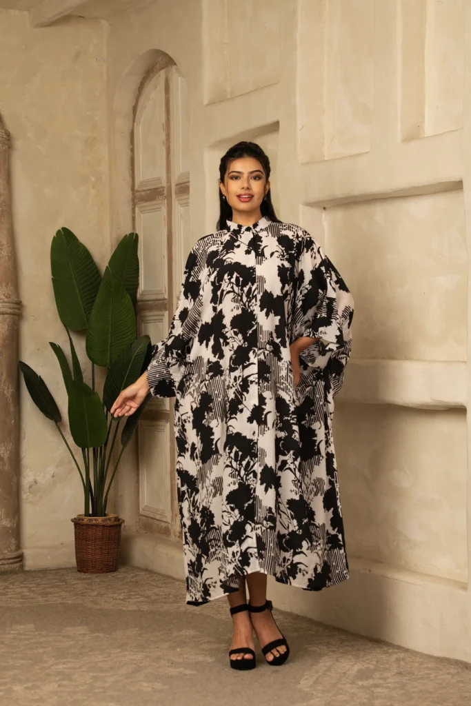 Black & White Structured Kaftan with Belt