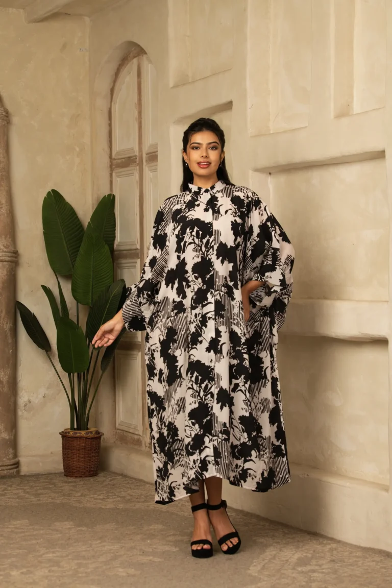 Black & White Structured Kaftan with Belt